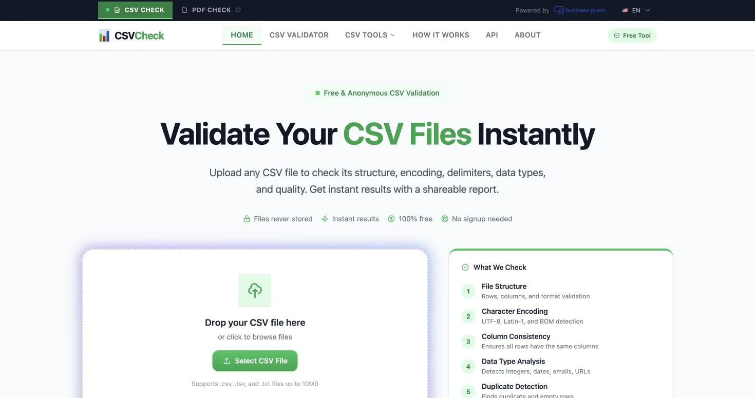 CSV tools interface ready to validate a data file