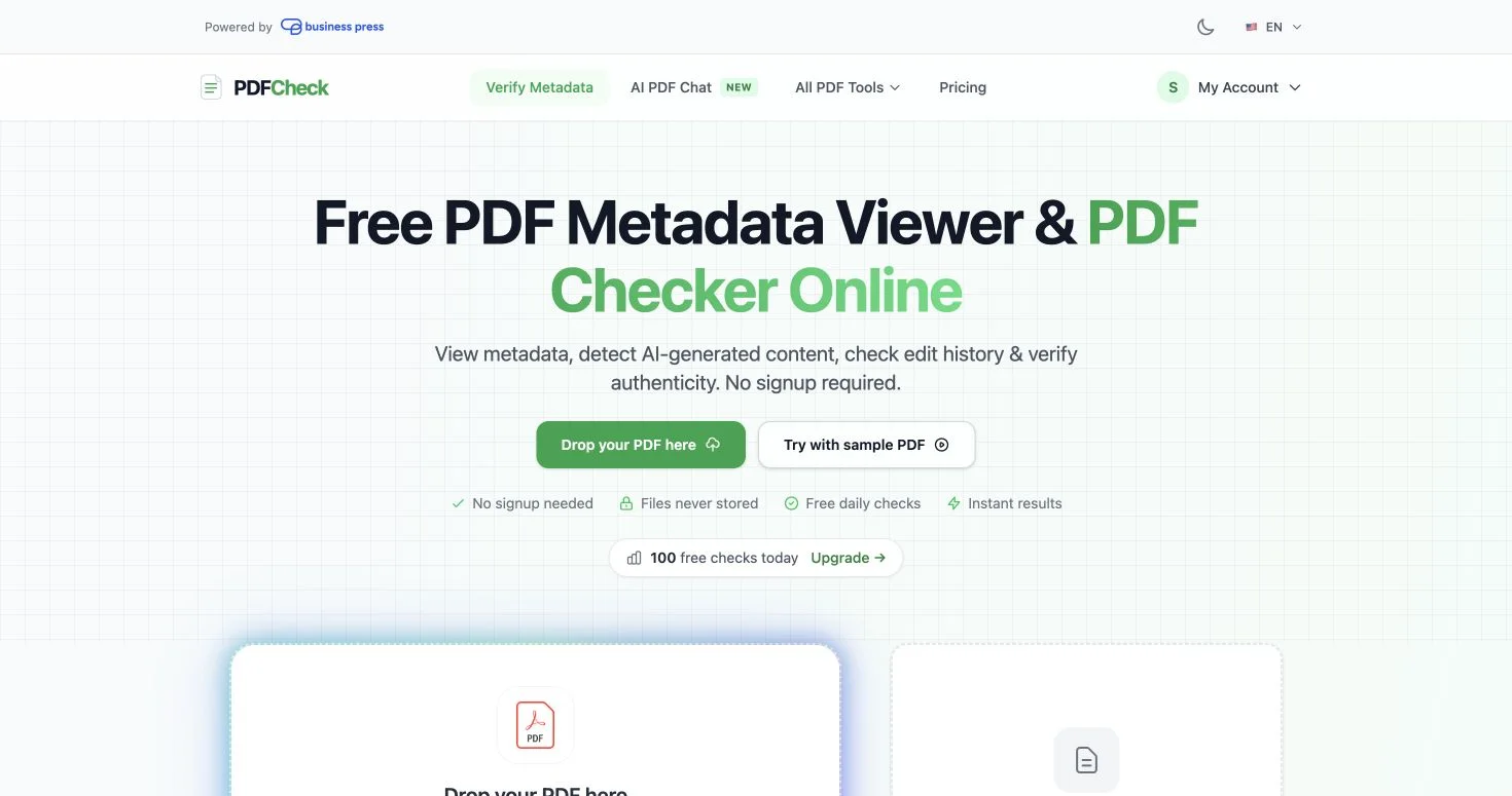 PDF tools interface showing the metadata checker