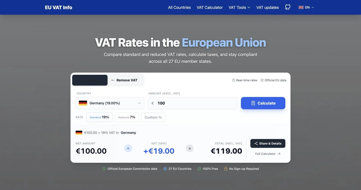EU VAT info interface showing a VAT calculation
